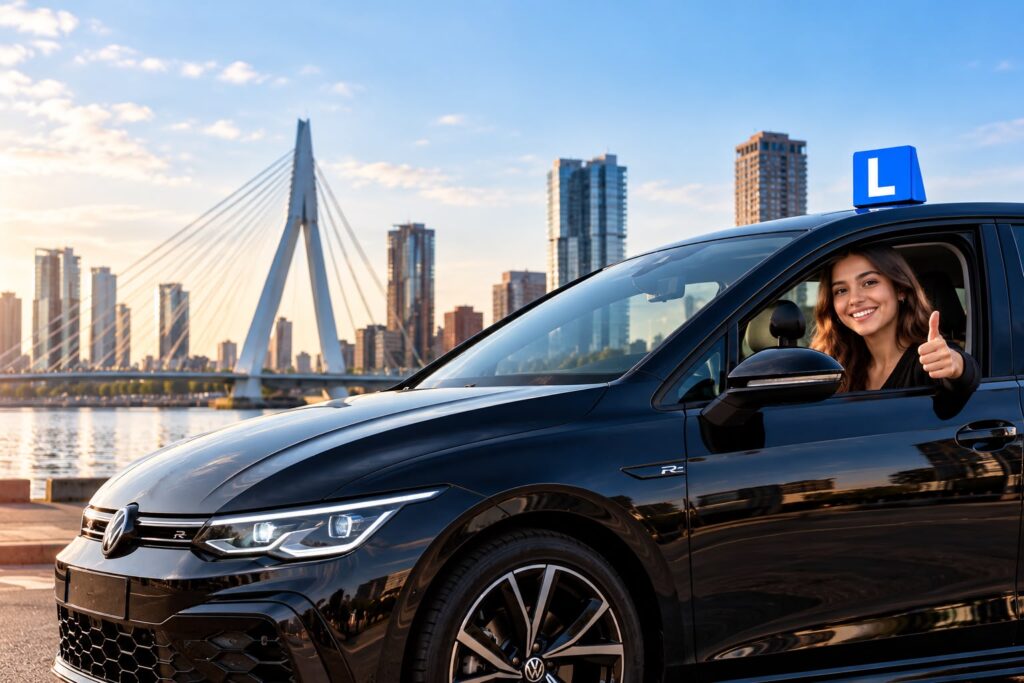 Blije leerling in de lesauto van Rijschool ALIBABA in Rotterdam